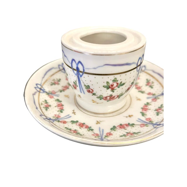 French Antique Marie Antoinette Inspired Ribbon Decorated French Porcelain Covered Jar With Underdish For Sale - Image 3 of 7