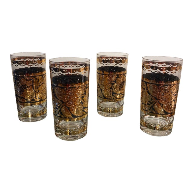 Set of 4 Georges Briard Gold and Black Floral Collins/ Highball Glasses For Sale