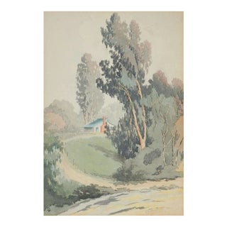 Early 20th Century Cabin and Landscape Watercolor Painting For Sale