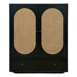 Bobby Berk Modern Black Tallboy Cabinet, Beige Oval Cane Inlay MCM Style For Sale
