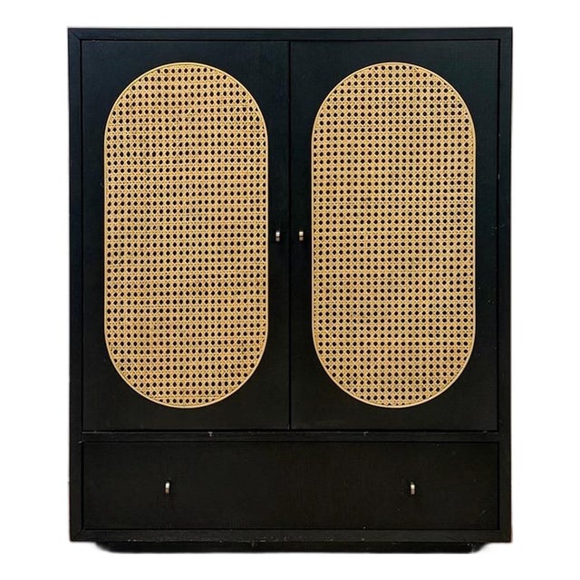 Bobby Berk Modern Black Tallboy Cabinet, Beige Oval Cane Inlay MCM Style For Sale