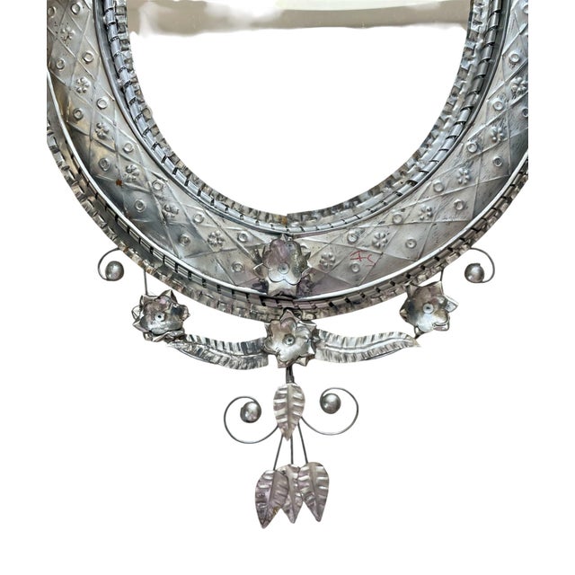 Folk Art La Fuente Punched Tin Nest Oval Mirror Handmade Mexican Folk Art For Sale - Image 3 of 5