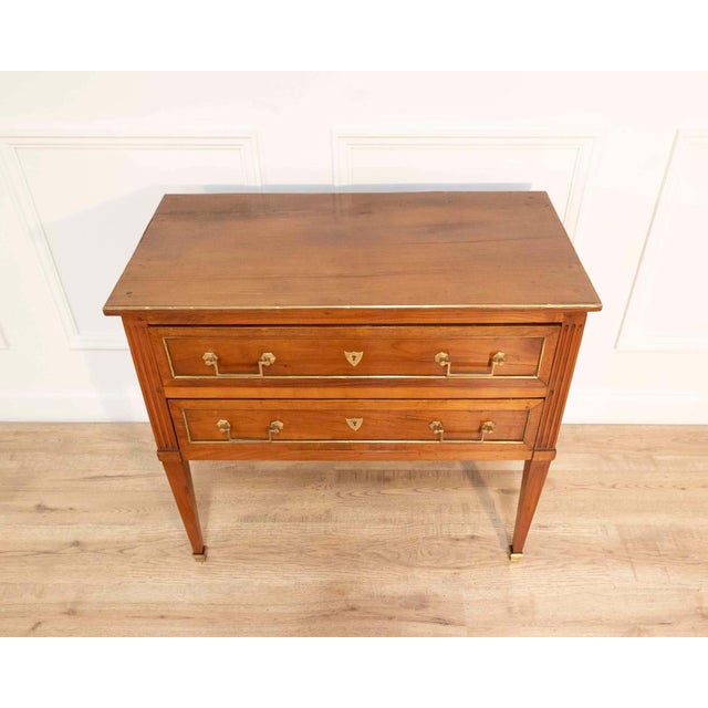 French Louis XVI–Style Cherrywood Chest of Drawers with Brass Trim, France For Sale - Image 3 of 8