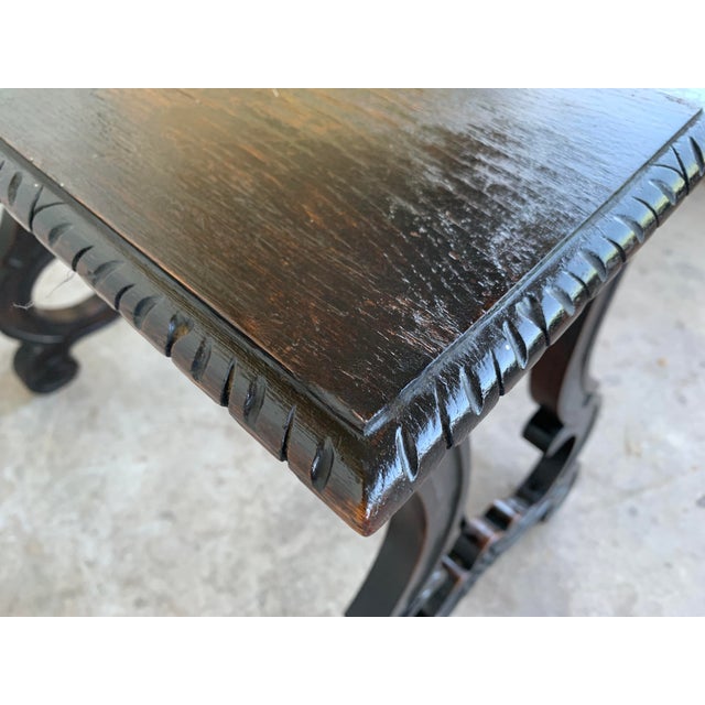 Metal 19th Century Spanish Side Table With Hand Carved Lyre Leg and Iron Stretcher For Sale - Image 7 of 9