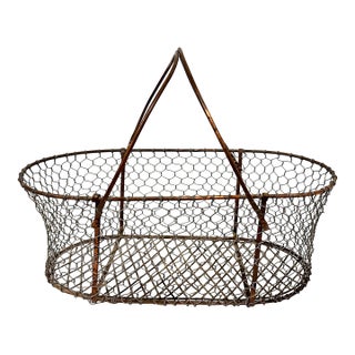 Vintage Handmade Oval French Wire Garden Trug Basket For Sale