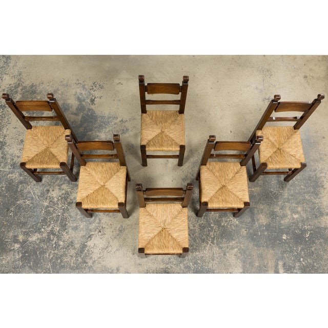 Set of Six French Provincial Oak Rush Seat Dining Chairs, Mid-20th Century For Sale - Image 4 of 18
