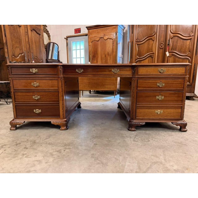 Mid-20th Century Chippendale Style Mahogany Partners Executive Desk With Embossed Leather Top, Circa 1950s For Sale - Image 11 of 18