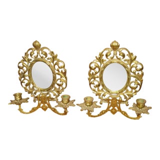 19th century Brass Two Candle Mirrored Wall Sconces - A Pair For Sale