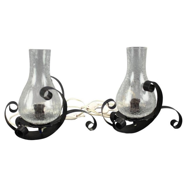 Czechoslovakian Crackle Glass Table Lamps with Wrought Iron Frames, 1950s, Set of 2 For Sale - Image 9 of 9