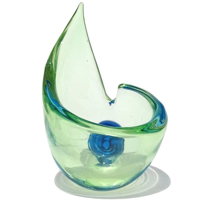 Murano Vintage Murano Bright Green Electric Blue Italian Art Glass Mid Century Sculptural Seashell Ashtray For Sale - Image 4 of 6