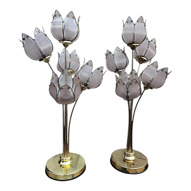 Pair of Italian Mid Century Glass and Brass Lotus Flower Table Lamps For Sale