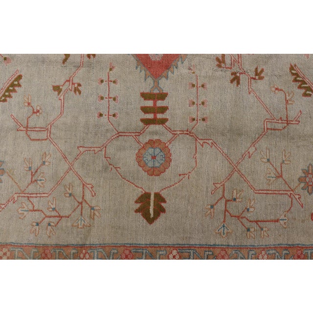 Early 20th Century Large Antique Oushak Rug in Taupe / Light Green Background and Coral Border 13'4"x18'0" For Sale - Image 5 of 12