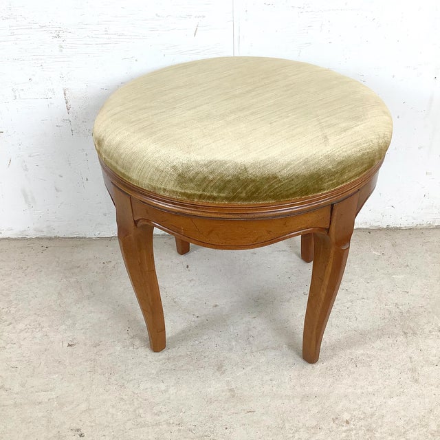 Vintage French Provincial Swivel Stool in Cherry With Sage Velvet, Cabriole Legs, 1950s–1970s For Sale In Philadelphia - Image 6 of 12