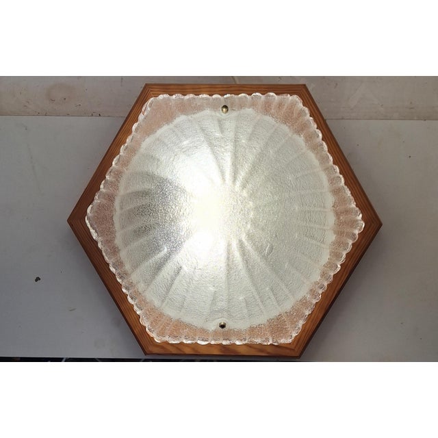Metal Vintage Ceiling Lamp with Hexagonal Pine Wood Frame for Frosted Glass Shade, 1980s For Sale - Image 7 of 9
