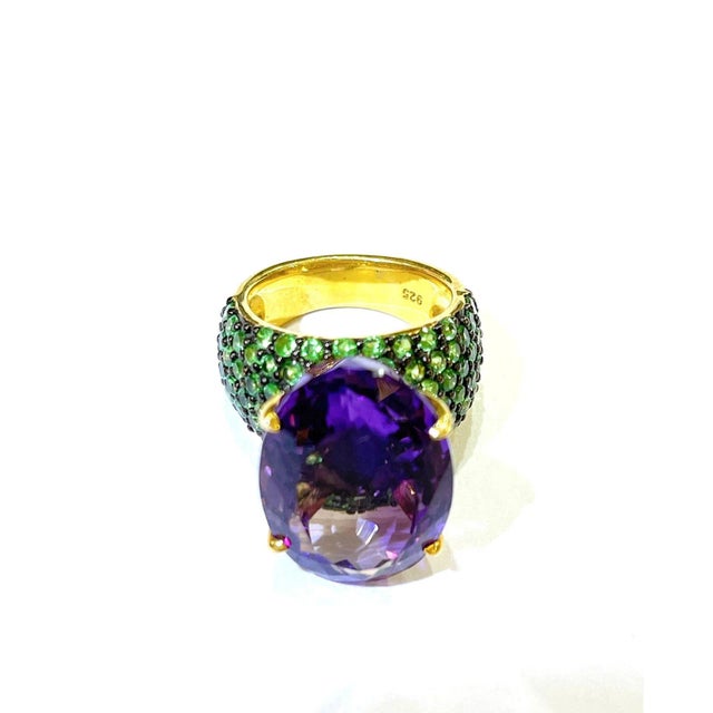 Art Deco Bochic “Orient” Amethyst & Tsavorite Large Cocktail Ring 18k in Gold & Silver Size 6.5 For Sale - Image 3 of 3