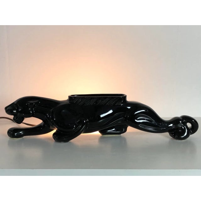 Classic original 1950's vintage black panther table lamp with small planter top. Sleek and sculptural ceramic pottery in...