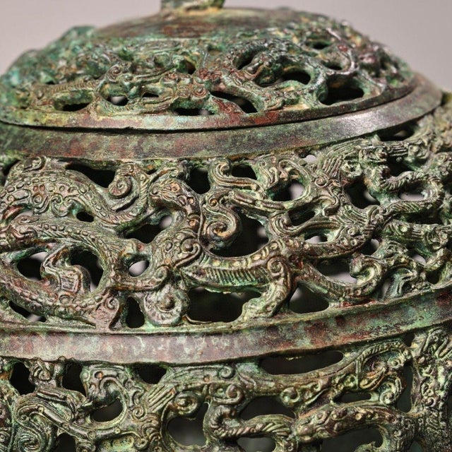 Monumental Vintage Bronze Bird & Beast Incense Burner – Archaic Style Censer With Inscription For Sale - Image 10 of 10