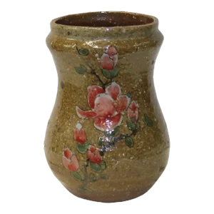 Handmade Ceramic Brown Tan Gray Flower Graphic Jar Vase