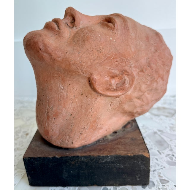 Wood Modernist Terracotta Head Sculpture on Wood Base From 60's For Sale - Image 7 of 8