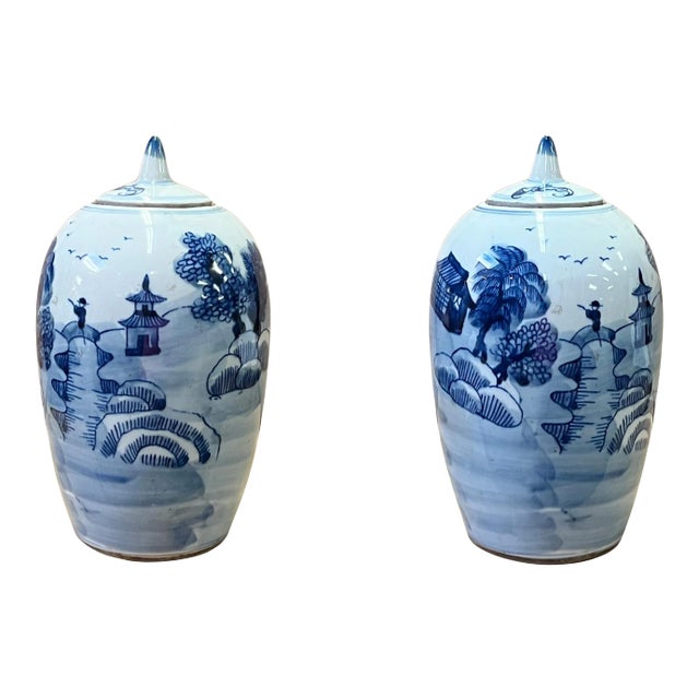 Lot of 2 Blue White Small Scenery Graphic Porcelain Point Lid Jars For Sale