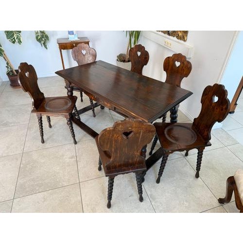 Antique Farmhouse Seating Set, Pine Wood. Dimensions: Table 79 x 141 x 71 cm (height), Chairs 97 x 45 x 40 cm (seat height...
