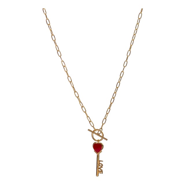 Key to Love Red Enamel Gold Necklace For Sale
