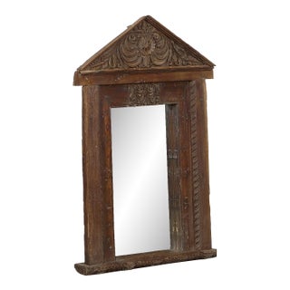 Antique Indian Teakwood Window Frame, C. 1880-1900, With a Mirror Added For Sale