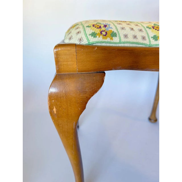 Wood Vintage Queen Anne Style Embroidered Needlepoint Stool With Cabriole Legs For Sale - Image 7 of 14