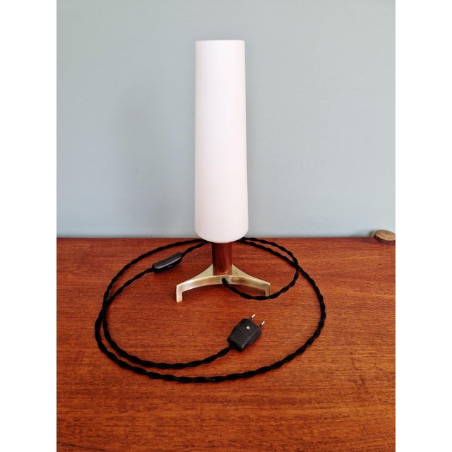 Scandinavian Tripod Table Lamp in Brass, Teak and White Satin Opaline Glass, 1960 For Sale - Image 14 of 15
