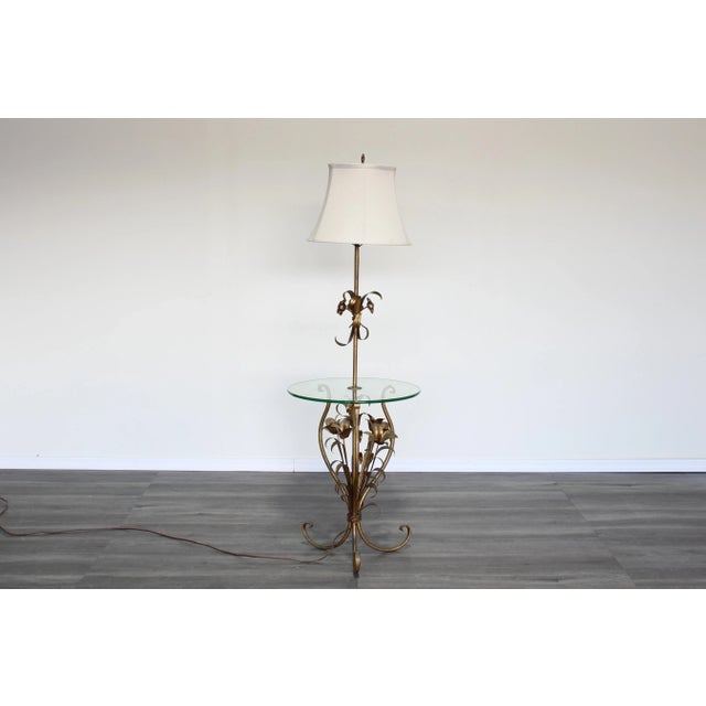 60s Gold Gilt Tole Floor Lamp With Glass Table Top For Sale In Miami - Image 6 of 7