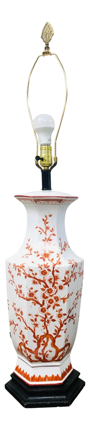 Vintage 1960s Frederick Cooper Style Red Cherry Blossoms Porcelain Lamp