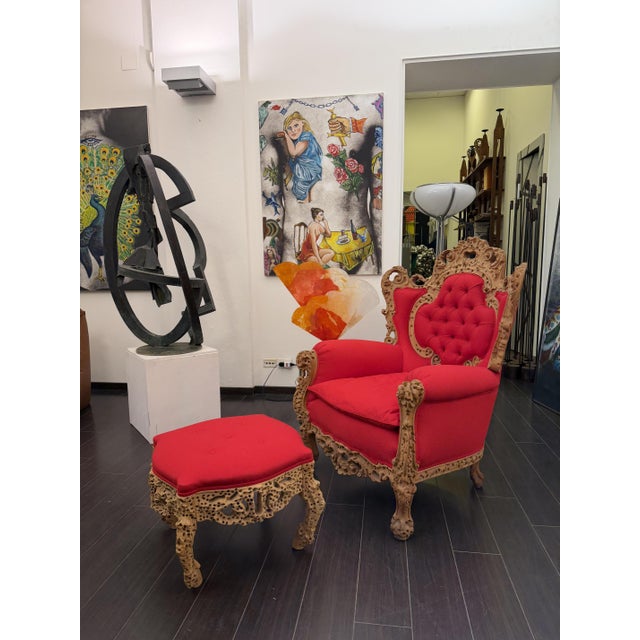Charming Re model armchair with footstool in carved and carved wood, handcrafted by artist Urano Palma in a limited...