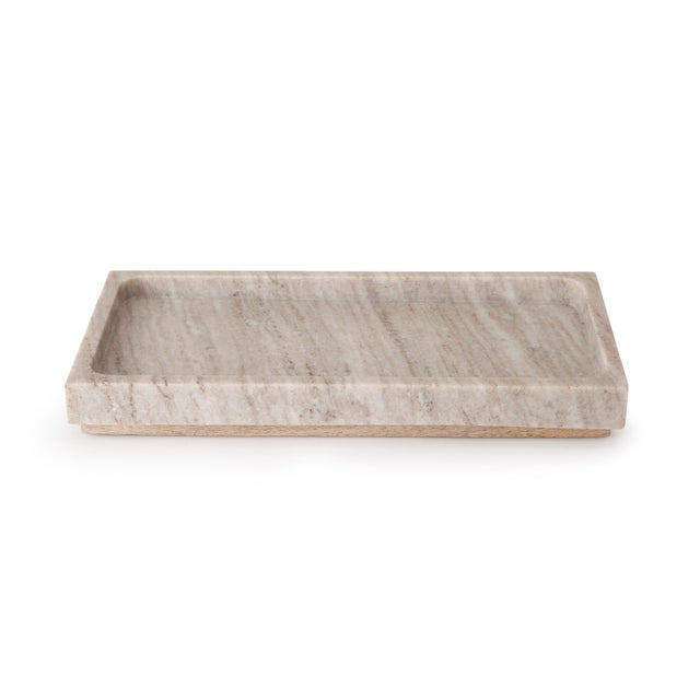Contemporary San Marino Tray, Beige Marble & Wood For Sale - Image 3 of 3