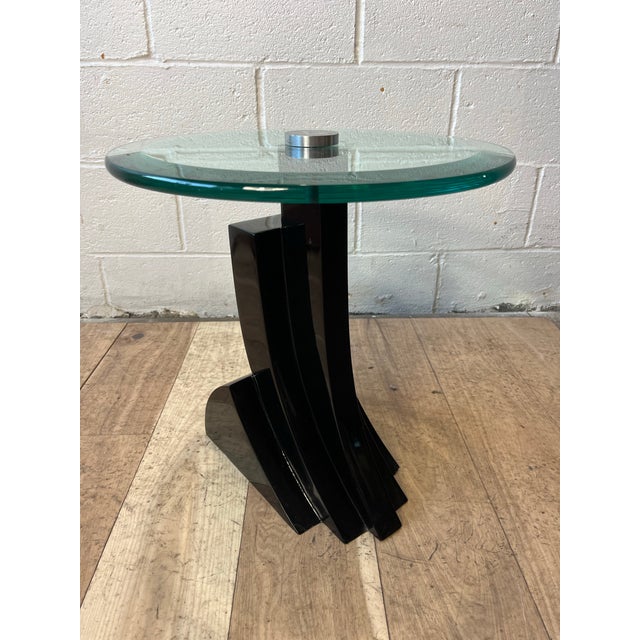 Karl Springer Style Black Lacquer Pedestal Side Table With Glass Top For Sale In New York - Image 6 of 11