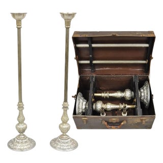 Vintage 43" Tall Baroque Silver Plated Collapsible Floor Candlesticks in Box For Sale
