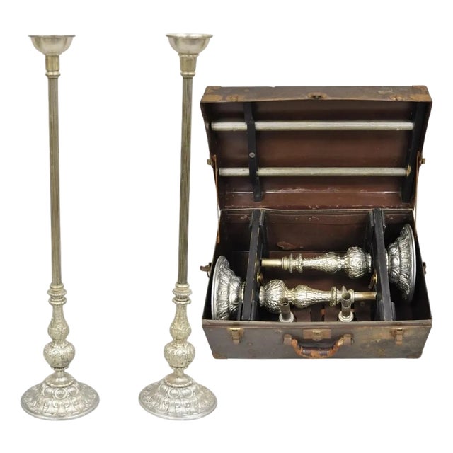 Vintage 43" Tall Baroque Silver Plated Collapsible Floor Candlesticks in Box For Sale