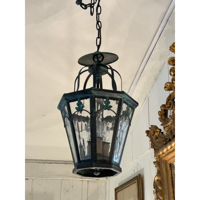 Traditional Vintage Verdigris Copper Lantern Chandelier With Leaf Motif For Sale - Image 3 of 8