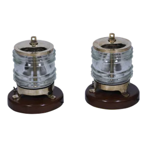 Pair of 1970s Nautical Ship's Brass Post Lights With Fresnel Lens