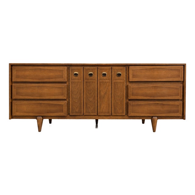 Vintage MCM American of Martinsville Solid Wood 9 Drawer Triple Dresser For Sale