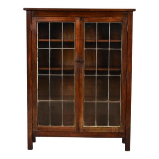 Limbert Style Mission Arts & Crafts Mahogany Leaded Glass Front Double Bookcase Cabinet, Circa 1900 For Sale