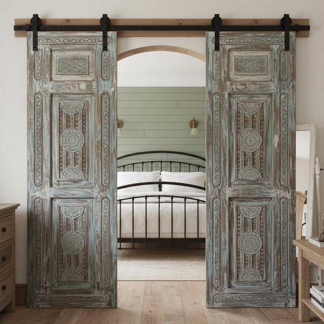 Blue Antique Hand-Carved Distressed Blue Floral Door – Vintage Wooden Bedroom Entry Door 96x31.5 For Sale - Image 8 of 12