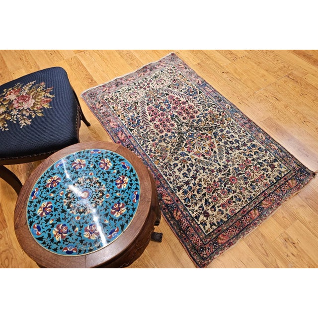 French Country Early 20th Century Persian Kerman Lavar Rug, Hand-Knotted Wool, Allover Floral Pattern, Ivory & Green, 3’ X 5’ For Sale - Image 3 of 12