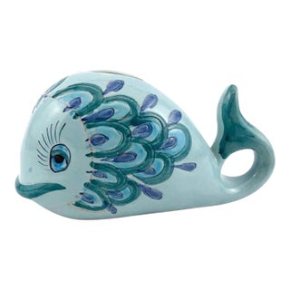 Vintage Peck and Peck Italian Ceramic Whale Piggy Bank Raymor Style 1960s Aqua Blue Teal MCM Bank Italy 032 For Sale