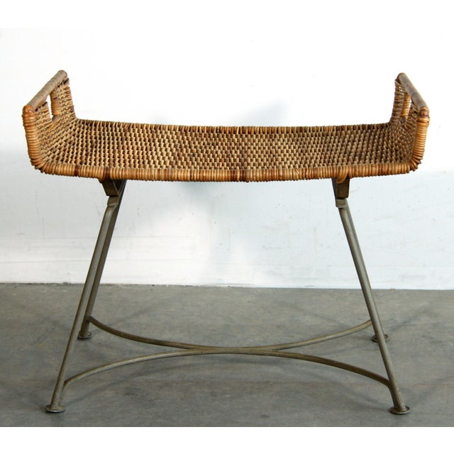 Vintage Rattan & Wrought Iron Small Table Ottoman or Bench | Chairish