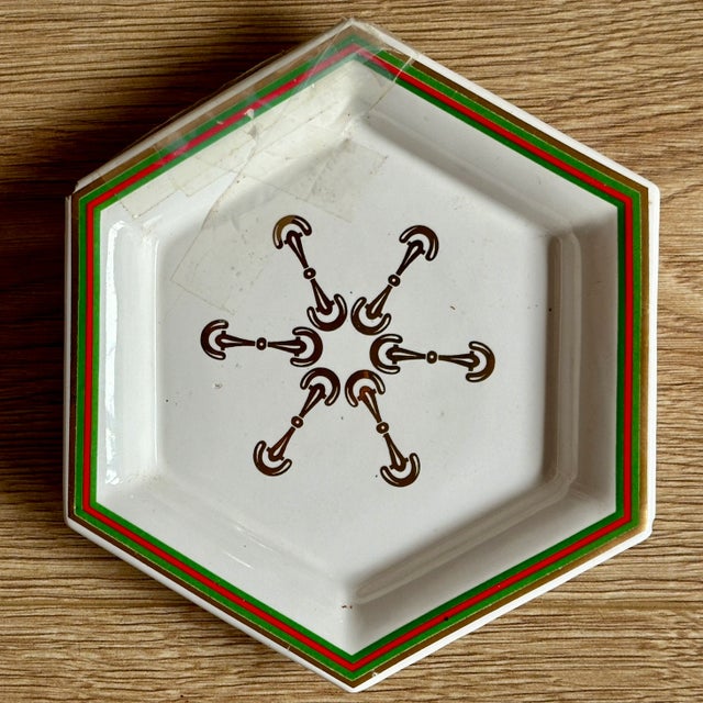 1970s Vintage Gucci Horsebit Porcelain Hexagonal Coaster Set & Leather Case - Rare Italian Equestrian Barware For Sale - Image 9 of 12