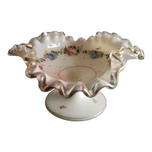 1960s Vintage Fenton Hand Painted Ruffled Silvercrest Pedestal Bowl