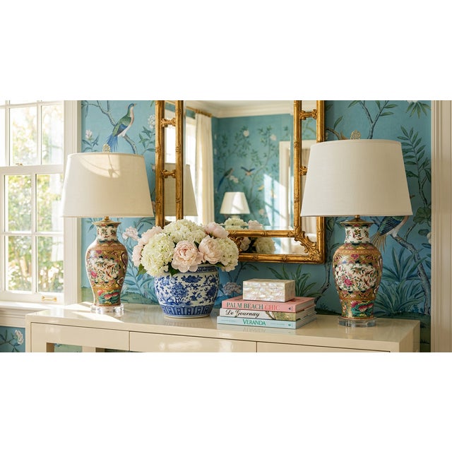 Canton Porcelain Vase Table Lamp, Imari Style Painted Famille Rose For Sale - Image 4 of 7