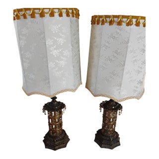 1960 Hollywood Recency Aged Brass Crystal Table Lamps - a Pair For Sale
