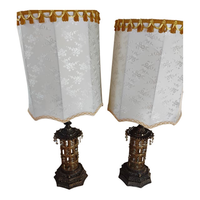1960 Hollywood Recency Aged Brass Crystal Table Lamps - a Pair For Sale