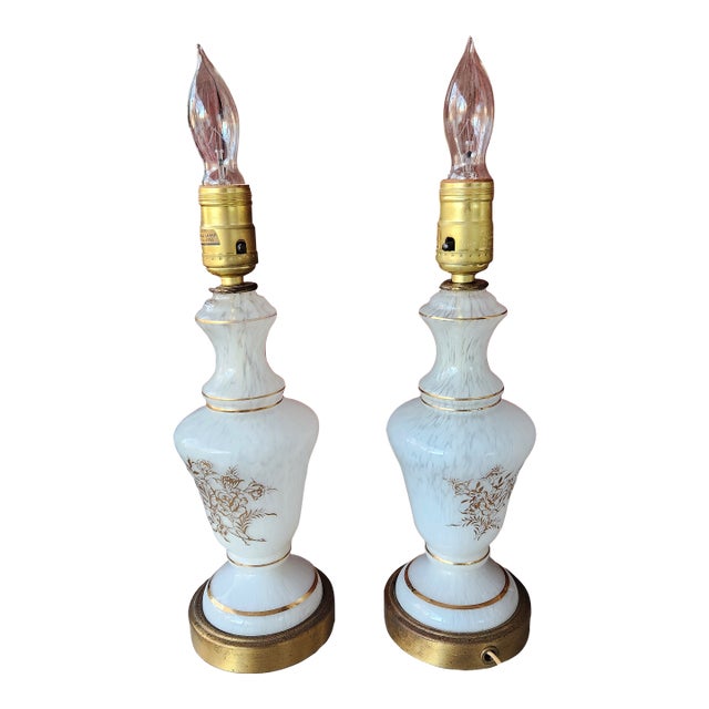 Vintage French Pair of Handcrafted White & Gold Floral Design Table Lamps 13" Tall For Sale